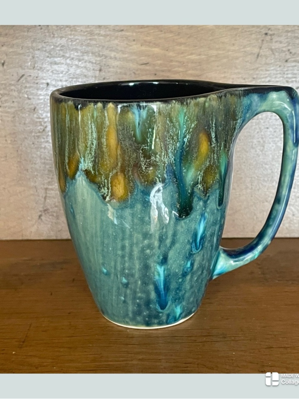 Handmade Glazed Ceramic Coffee/ Tea Mug in Green and Brown Drip Finish. Signed